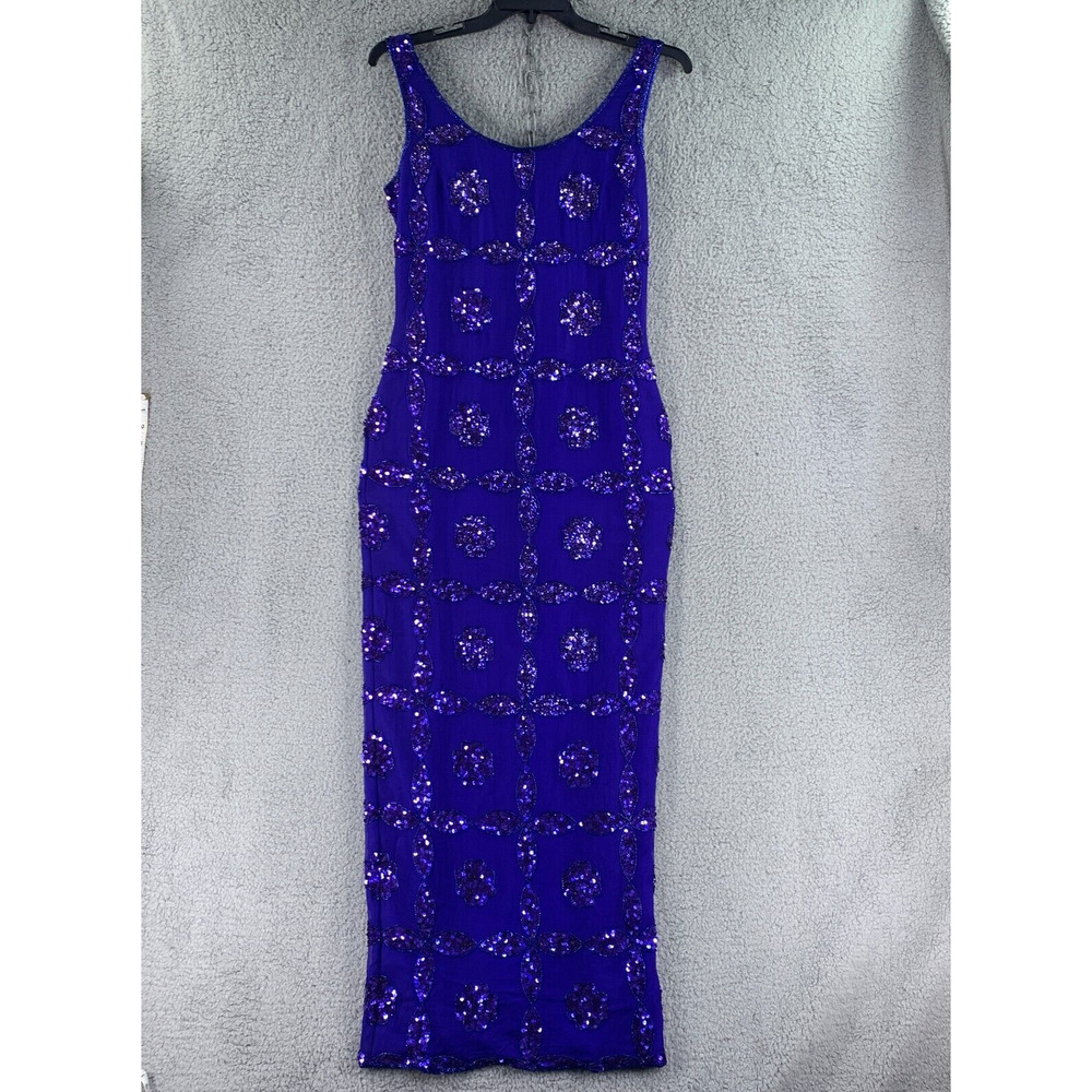 Scala Formal Dress Silk Maxi Size L Royal Blue Sequins Long Prom Gown Slit